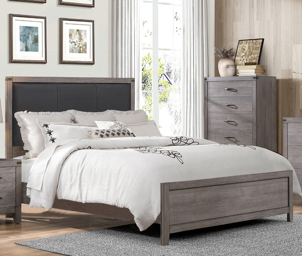 English Elm Brownish Gray Queen Bed Black Faux Leather Headboard Industrial Rivet Melamine Frame B011S00240