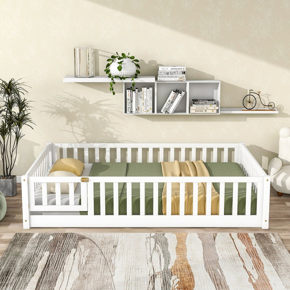English Elm Twin Solid Rubberwood Floor Bed with Full Perimeter Safety Rails for Toddler Rooms White W504P296786