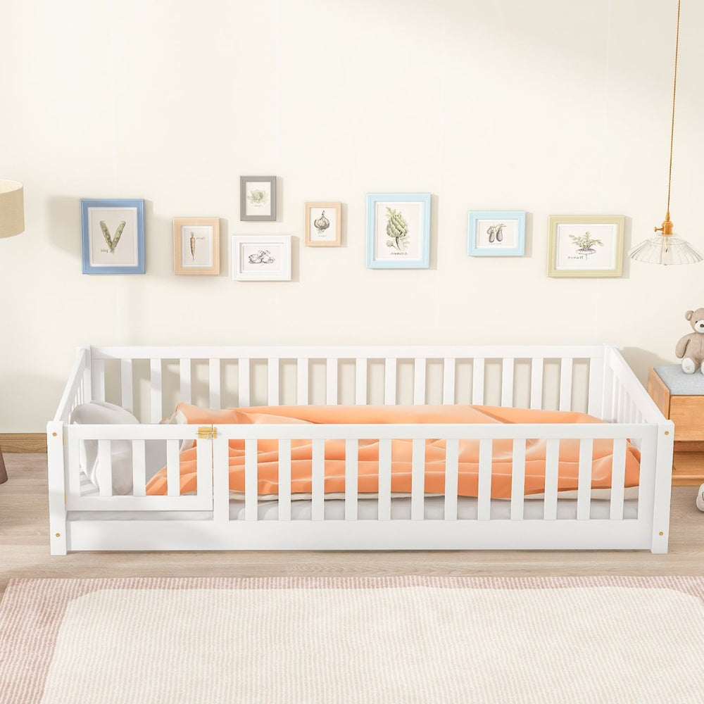 English Elm Twin Solid Rubberwood Floor Bed with Full Perimeter Safety Rails for Toddler Rooms White W504P296777