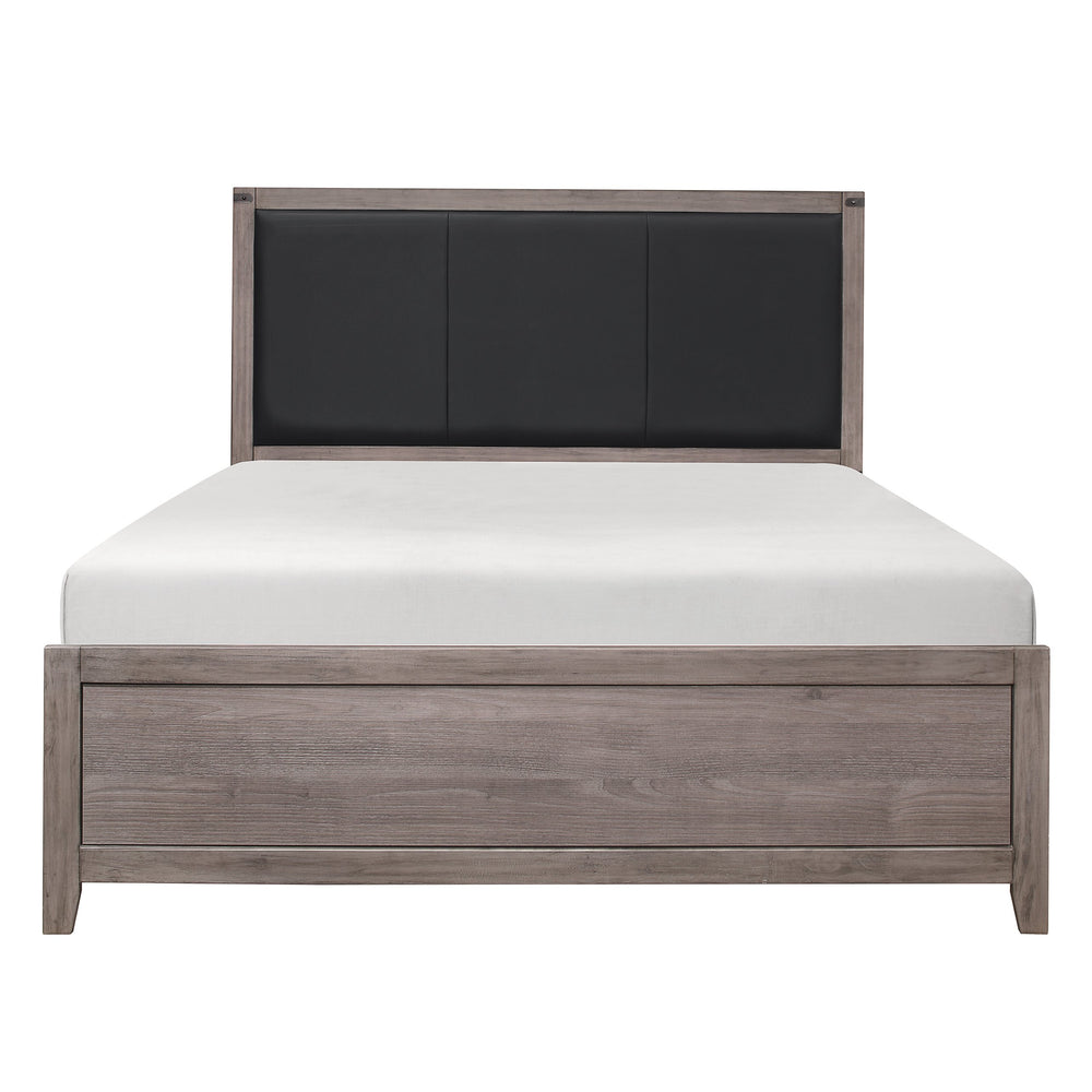 English Elm Brownish Twin Panel Bed with Faux Leather Headboard, Industrial Rivet Accents and Weathered Wood Look Brown+Gray 60 L x 33.75 W x 5.75 H B011S01349
