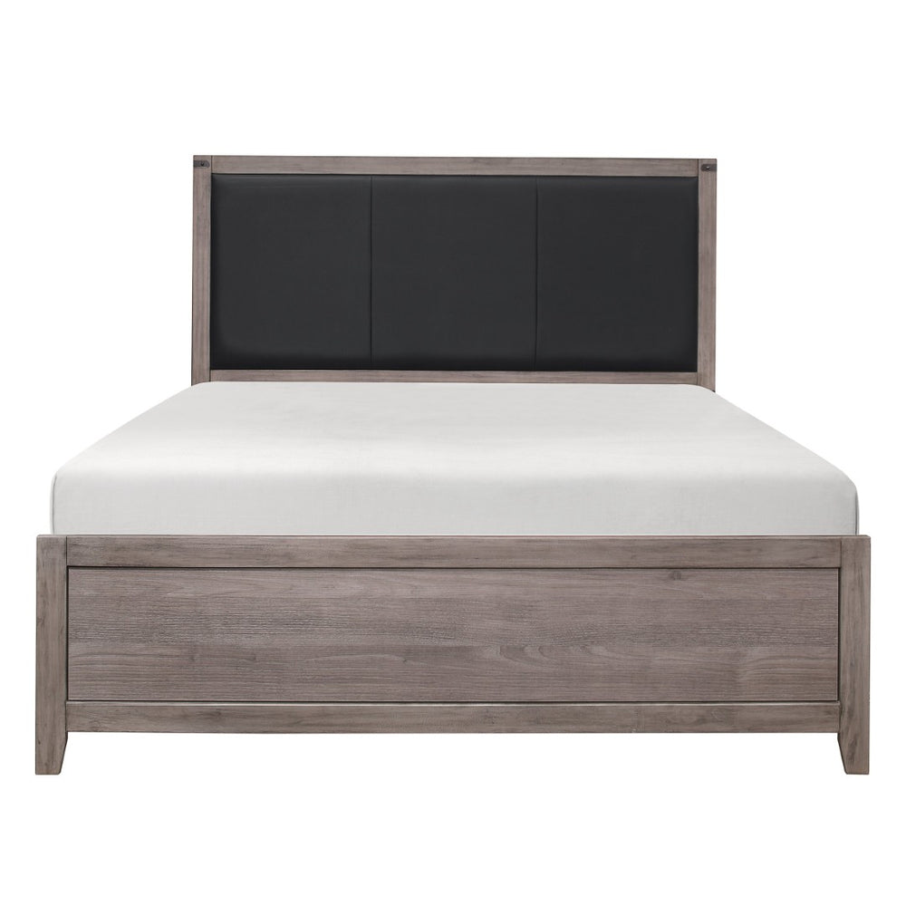 English Elm Brownish Gray Queen Bed Black Faux Leather Headboard Industrial Rivet Melamine Frame B011S00240