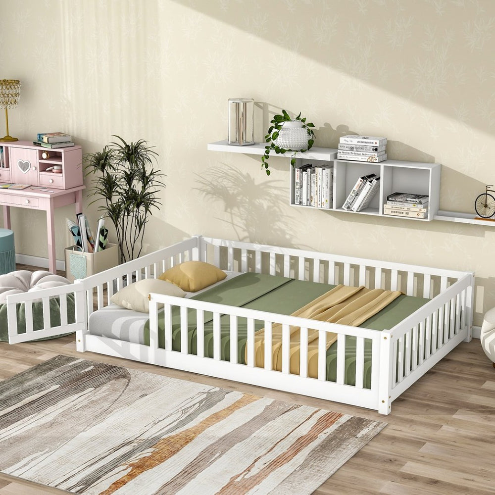 English Elm Twin Solid Rubberwood Floor Bed with Full Perimeter Safety Rails for Toddler Rooms White W504P296786