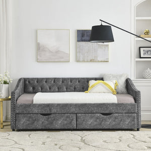 English Elm Twin Size Daybed With Drawers - Stylish Grey Upholstered Sofa Bed With Tufted Back And Copper Trim W1413S00001-GIGA