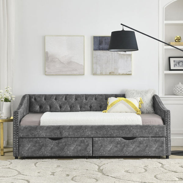 English Elm Twin Size Daybed With Drawers - Stylish Grey Upholstered Sofa Bed With Tufted Back And Copper Trim W1413S00001-GIGA
