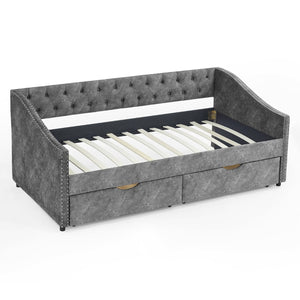 English Elm Twin Size Daybed With Drawers - Stylish Grey Upholstered Sofa Bed With Tufted Back And Copper Trim W1413S00001-GIGA