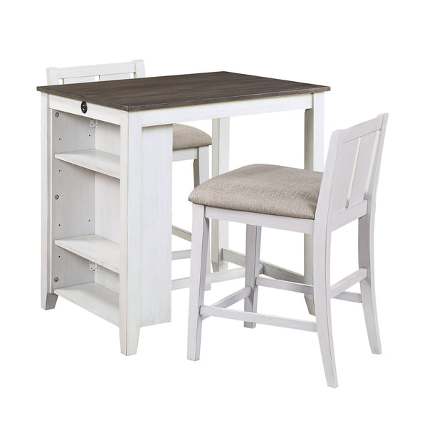 English Elm Transitional Daye 3-Piece Counter Height Dining Set with Built-In Display Shelf and Dual USB Ports White 41.75 L x 39 W x 12.5 H B01166428