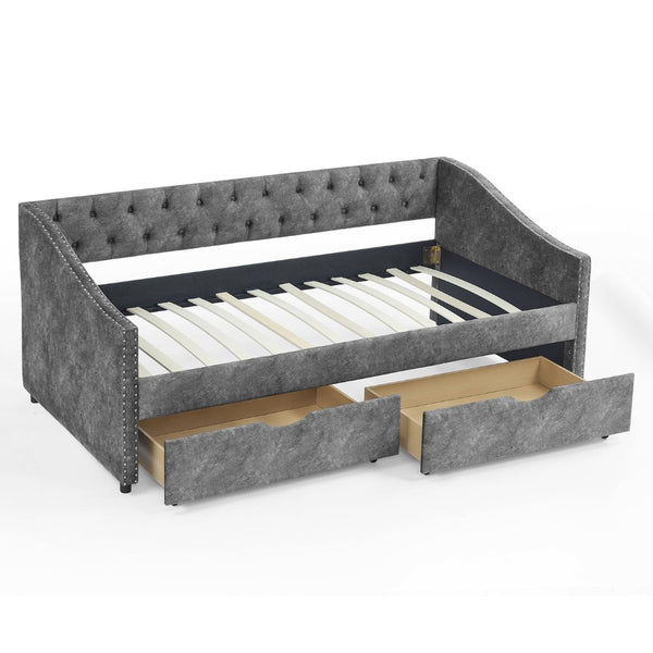 English Elm Twin Size Daybed With Drawers - Stylish Grey Upholstered Sofa Bed With Tufted Back And Copper Trim W1413S00001-GIGA