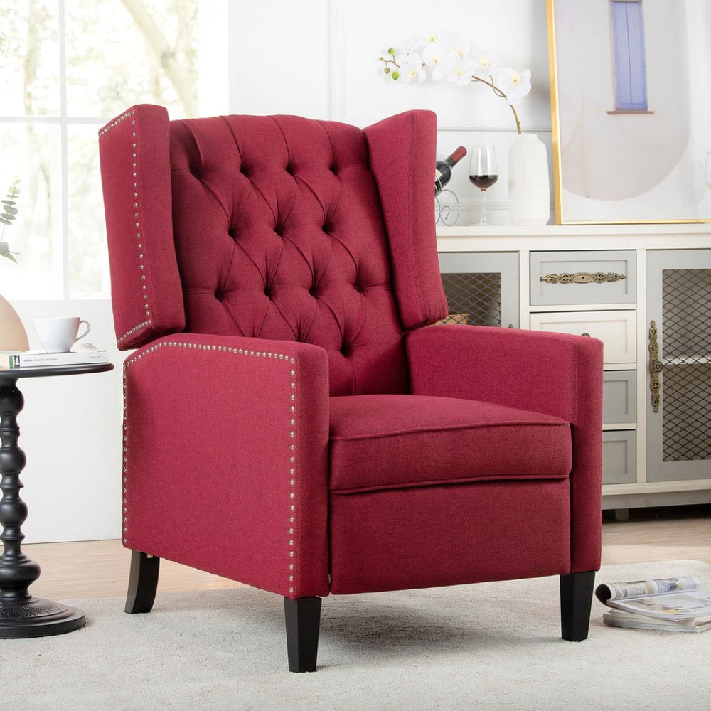 English Elm 27.16" Wingback Manual Recliner Tufted Fabric Chair with Nailhead Trim Solid Wood Frame W680P403874