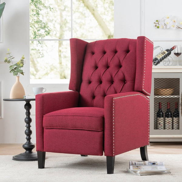 English Elm 27.16" Wingback Manual Recliner Tufted Fabric Chair with Nailhead Trim Solid Wood Frame W680P403874