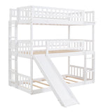 Hearth and Haven Corinne Twin over Twin over Twin Triple Bed with Built in Ladder, Slide and Guardrails, White