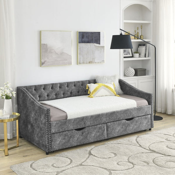 English Elm Twin Size Daybed With Drawers - Stylish Grey Upholstered Sofa Bed With Tufted Back And Copper Trim W1413S00001-GIGA