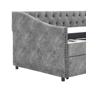 English Elm Twin Size Daybed With Drawers - Stylish Grey Upholstered Sofa Bed With Tufted Back And Copper Trim W1413S00001-GIGA