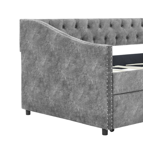 English Elm Twin Size Daybed With Drawers - Stylish Grey Upholstered Sofa Bed With Tufted Back And Copper Trim W1413S00001-GIGA
