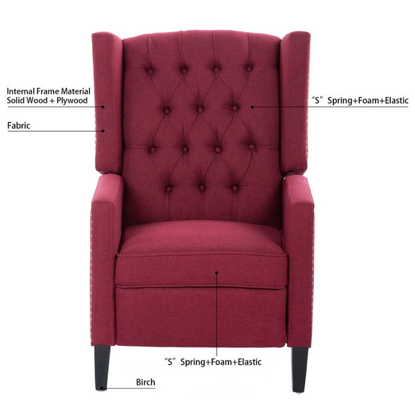 English Elm 27.16" Wingback Manual Recliner Tufted Fabric Chair with Nailhead Trim Solid Wood Frame W680P403874
