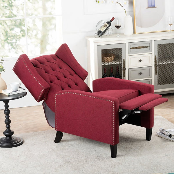English Elm 27.16" Wingback Manual Recliner Tufted Fabric Chair with Nailhead Trim Solid Wood Frame W680P403874