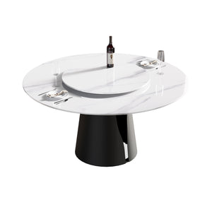 English Elm 59.05"Modern 59.05" Modern Round Dining Table With Sintered Stone Top & Black Steel Base - Seats 6, Includes Turntable W1535S00015