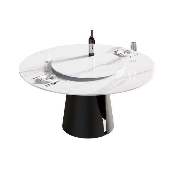 English Elm 59.05"Modern 59.05" Modern Round Dining Table With Sintered Stone Top & Black Steel Base - Seats 6, Includes Turntable W1535S00015