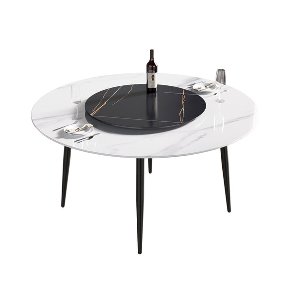 English Elm 59.05"Modern Round Dining Table With Lazy Susan - Stylish Black Metal Base For 6-Person Dining Experience W1535S00016