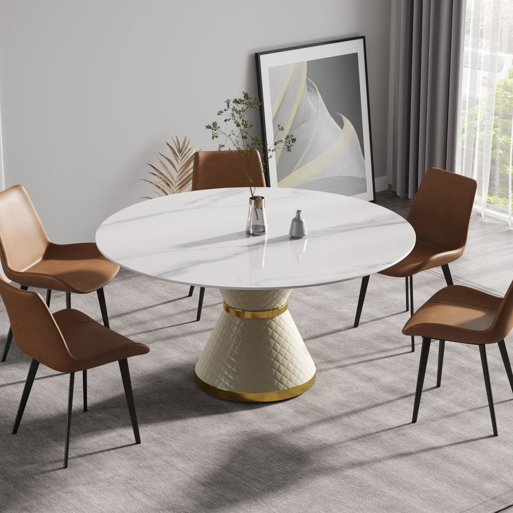 English Elm 59.05"Modern 59.05" Modern Round Dining Table With Sintered Stone Top & Sturdy Carbon Steel Base – Seats 6 Comfortably W1535S00009