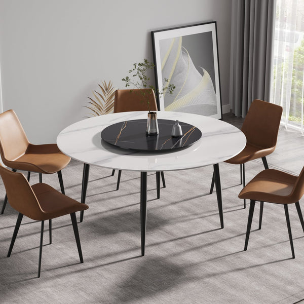 English Elm 59.05"Modern Round Dining Table With Lazy Susan - Stylish Black Metal Base For 6-Person Dining Experience W1535S00016
