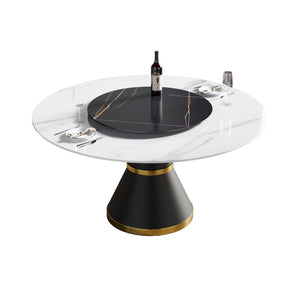 English Elm 59.05"Modern Round Dining Table With Black Carbon Steel Base & 31.5" Turntable For 6 People W1535S00018