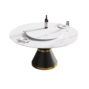 English Elm 59.05"Modern 59.05" Modern Round Dining Table With Black Steel Base & 31.5" Turntable - Seats 6, Stylish & Durable! W1535S00013