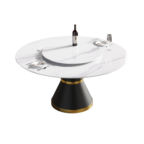 English Elm 59.05"Modern 59.05" Modern Round Dining Table With Black Steel Base & 31.5" Turntable - Seats 6, Stylish & Durable! W1535S00013