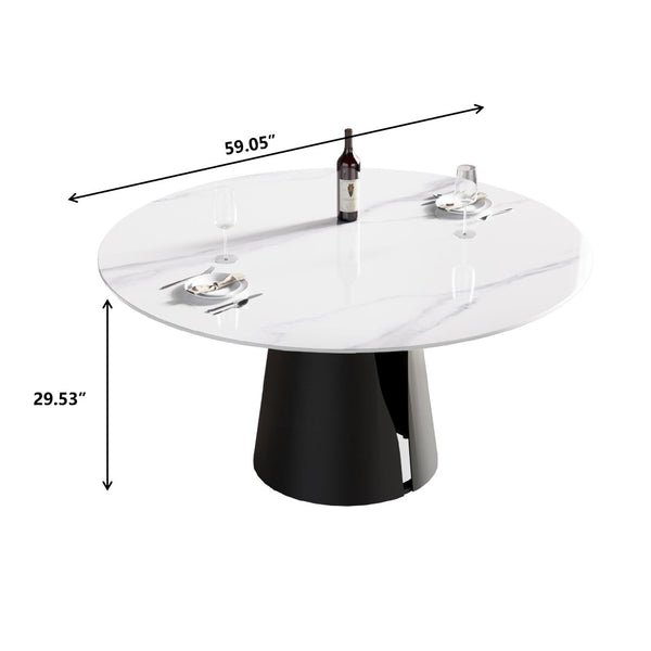 English Elm 59.05" Round Sintered Stone Dining Table with Lazy Susan Iron Base Seats 8 W1535S00624