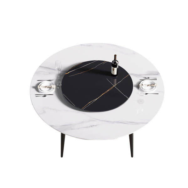 English Elm 59.05"Modern Round Dining Table With Lazy Susan - Stylish Black Metal Base For 6-Person Dining Experience W1535S00016