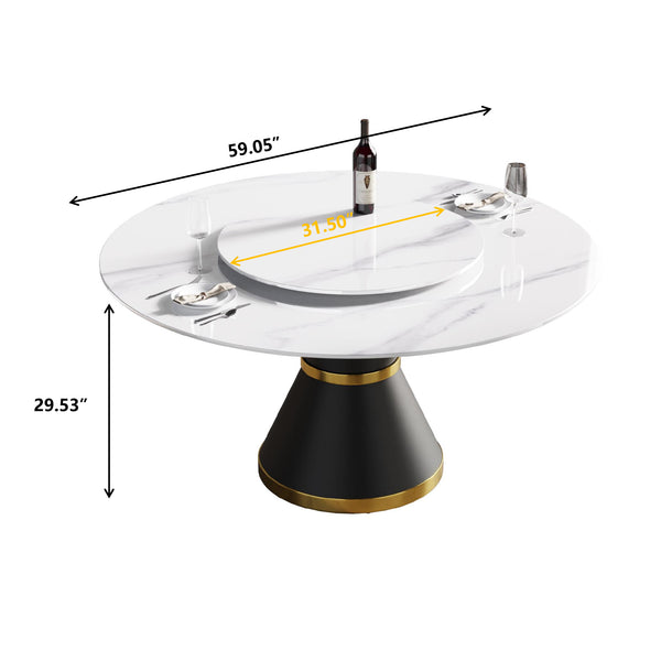 English Elm 59.05"Modern 59.05" Modern Round Dining Table With Black Steel Base & 31.5" Turntable - Seats 6, Stylish & Durable! W1535S00013