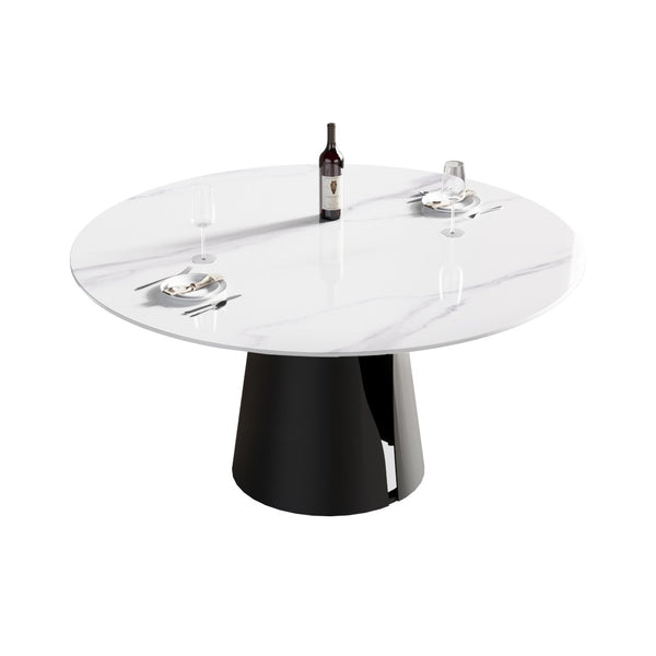 English Elm 59.05" Round Sintered Stone Dining Table with Lazy Susan Iron Base Seats 8 W1535S00624