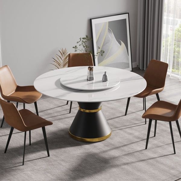 English Elm 59.05"Modern 59.05" Modern Round Dining Table With Black Steel Base & 31.5" Turntable - Seats 6, Stylish & Durable! W1535S00013