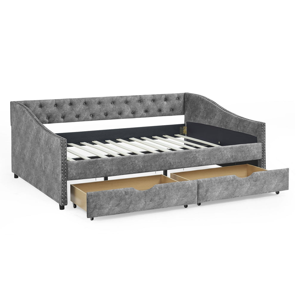 English Elm Full Size Upholstered Daybed With Storage Drawers, Tufted Sofa Bed & Copper Nail Accents In Grey W1413S00003