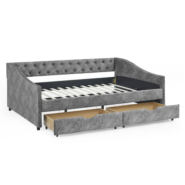 English Elm Full Size Upholstered Daybed With Storage Drawers, Tufted Sofa Bed & Copper Nail Accents In Grey W1413S00003