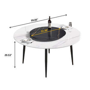 English Elm 59.05"Modern Round Dining Table With Lazy Susan - Stylish Black Metal Base For 6-Person Dining Experience W1535S00016