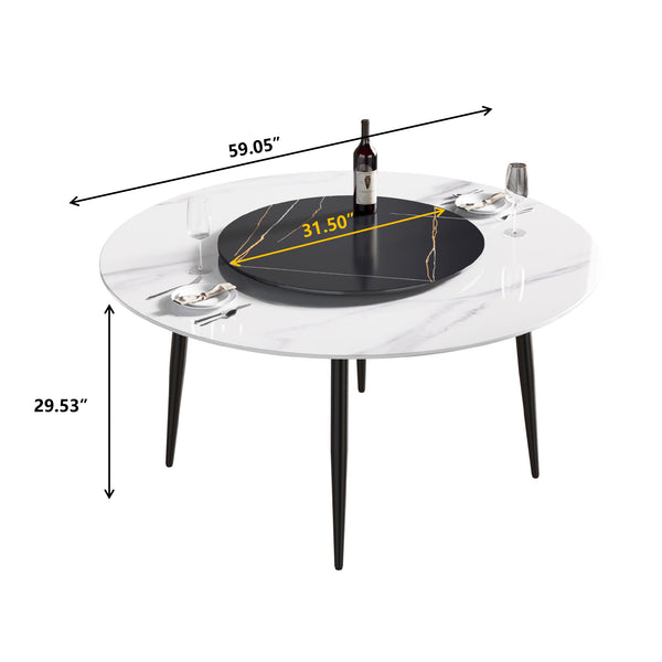English Elm 59.05"Modern Round Dining Table With Lazy Susan - Stylish Black Metal Base For 6-Person Dining Experience W1535S00016