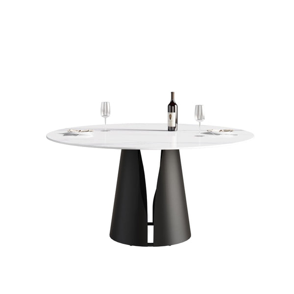 English Elm 59.05" Round Sintered Stone Dining Table with Lazy Susan Iron Base Seats 8 W1535S00624