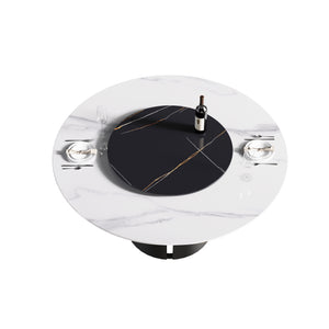 English Elm 59.05"Modern Round Dining Table With Black Carbon Steel Base & 31.5" Lazy Susan For 6 Guests W1535S00020