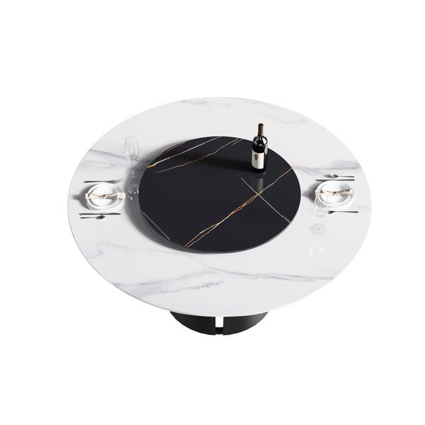 English Elm 59.05"Modern Round Dining Table With Black Carbon Steel Base & 31.5" Lazy Susan For 6 Guests W1535S00020