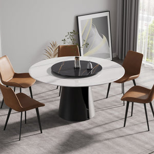 English Elm 59.05"Modern Round Dining Table With Black Carbon Steel Base & 31.5" Lazy Susan For 6 Guests W1535S00020
