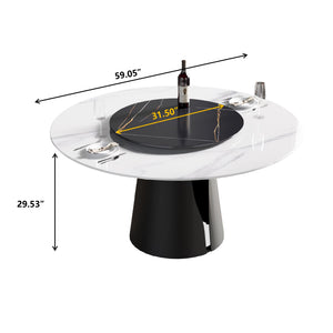 English Elm 59.05"Modern Round Dining Table With Black Carbon Steel Base & 31.5" Lazy Susan For 6 Guests W1535S00020