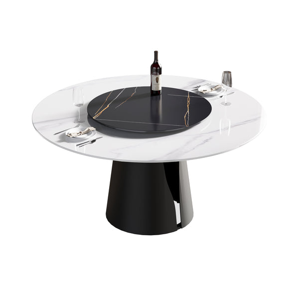English Elm 59.05"Modern Round Dining Table With Black Carbon Steel Base & 31.5" Lazy Susan For 6 Guests W1535S00020
