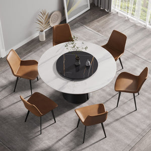 English Elm 59.05"Modern Round Dining Table With Black Carbon Steel Base & 31.5" Lazy Susan For 6 Guests W1535S00020