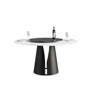English Elm 59.05"Modern Round Dining Table With Black Carbon Steel Base & 31.5" Lazy Susan For 6 Guests W1535S00020