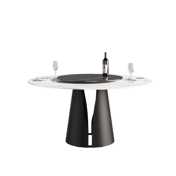 English Elm 59.05"Modern Round Dining Table With Black Carbon Steel Base & 31.5" Lazy Susan For 6 Guests W1535S00020