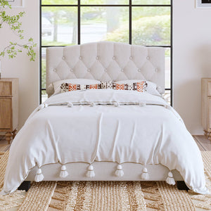 English Elm Upholstered Diamond-Tufted Platform Bed with Two-Position Adjustable Headboard and Sturdy Support Beige 59.25 L x 26.93 W x 5.24 H N701P342940B