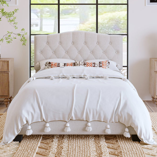 English Elm Upholstered Diamond-Tufted Platform Bed with Two-Position Adjustable Headboard and Sturdy Support Beige 59.25 L x 26.93 W x 5.24 H N701P342940B