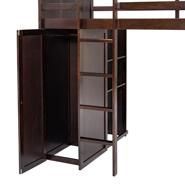English Elm Twin Loft Bed with Standalone Sleeper Desk Wardrobe and Shelves for Kids Rooms Espresso LT000820AAP