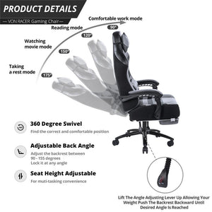 English Elm Vanbow.Seat Memory Foam Reclining Gaming Chair with Massage Lumbar, Retractable Footrest & Swivel Comfort Grey W152166557