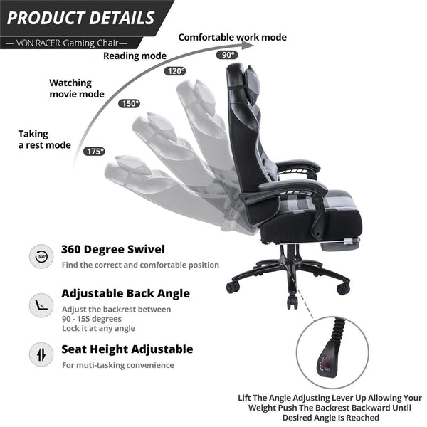 English Elm Vanbow.Seat Memory Foam Reclining Gaming Chair with Massage Lumbar, Retractable Footrest & Swivel Comfort Grey W152166557